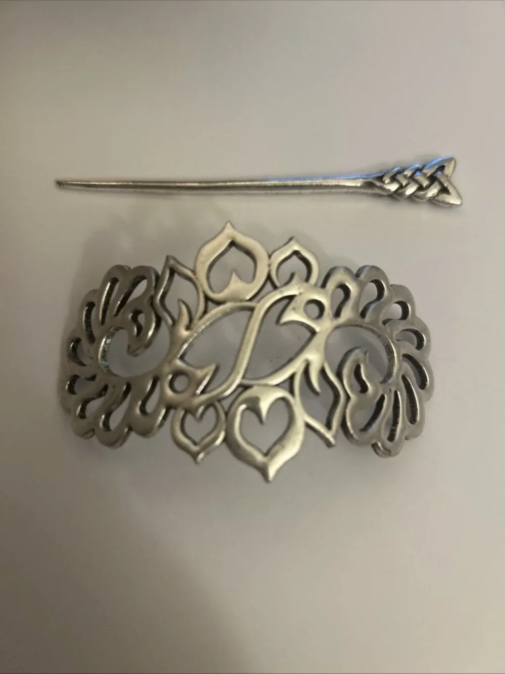 Celtic Hair Barrette Clip Tangled Silver Zinc Alloy Medieval Knot Design Hearts